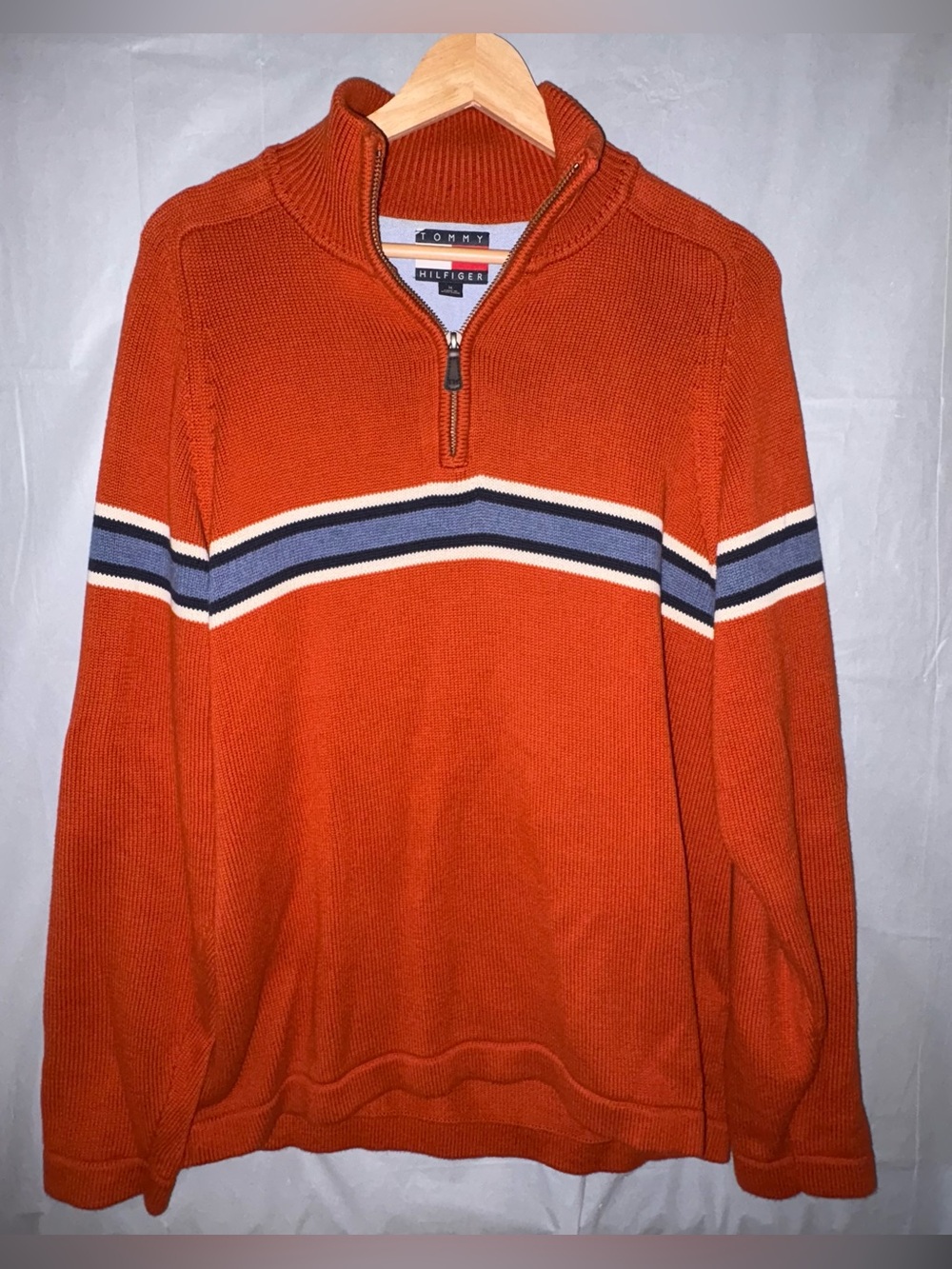 Vintage Tommy Hilfiger Knit Pullover Sweater Mens Med Blue Orange 1/4 Zip Preppy